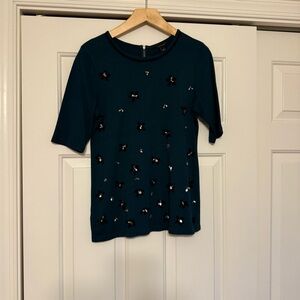 Ann Taylor Women’s Top Dark Teal Short Sleeve Floral Sequins Embellishment - S